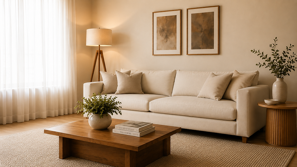 Sala preparada para venda com sofá creme, mesa de centro em madeira, iluminação suave e decoração neutra, demonstrando como o Home Staging melhora a percepção do espaço antes de entrar no mercado.