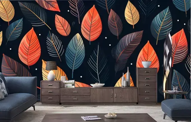 Papier peint CPI Déco feuilles colorées sur fond noir