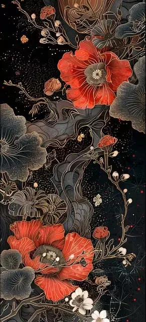 Miniature : Papier peint baroque floral noir