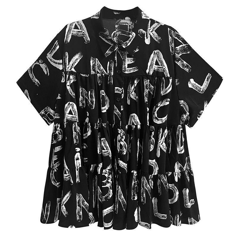 Thumbnail: Japanese Alphabet Print Pleated Blouse for Women