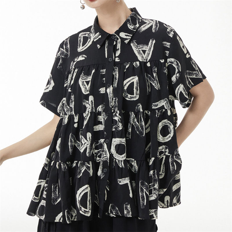 Thumbnail: Japanese Alphabet Print Pleated Blouse for Women