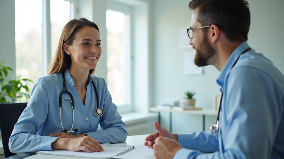 Close-up view of a healthcare provider discussing health plans with a patient in a bright office
