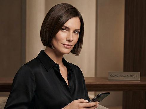 Dark haired woman standing next to a desk with a concierge service sign
