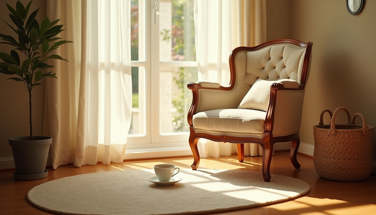 Eye-level view of a sunlit window with a cozy chair and a small table holding a cup of tea