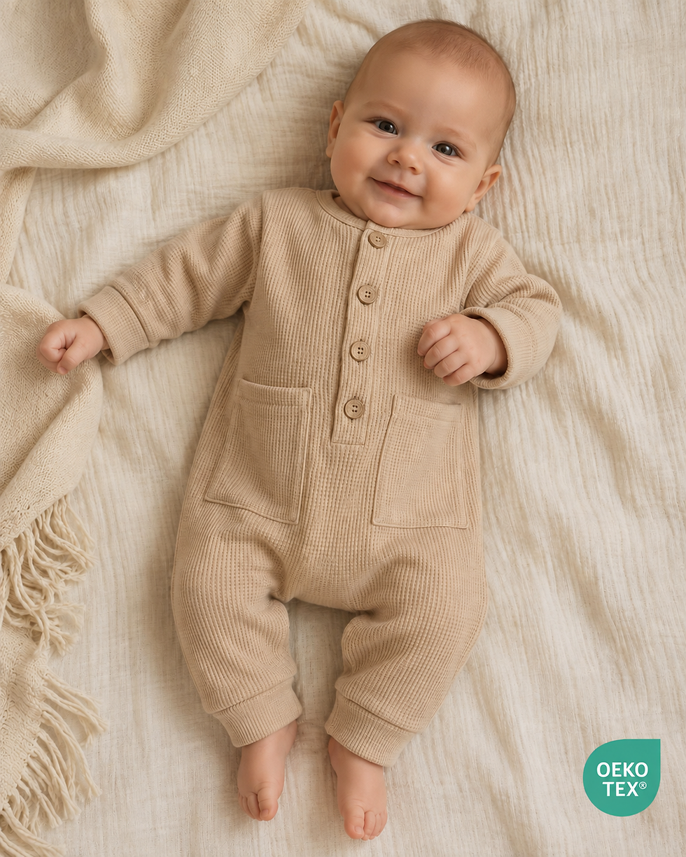 Baby trägt beigefarbenen nugli Jumpsuit aus Rippstoff mit Holzknöpfen und Taschen