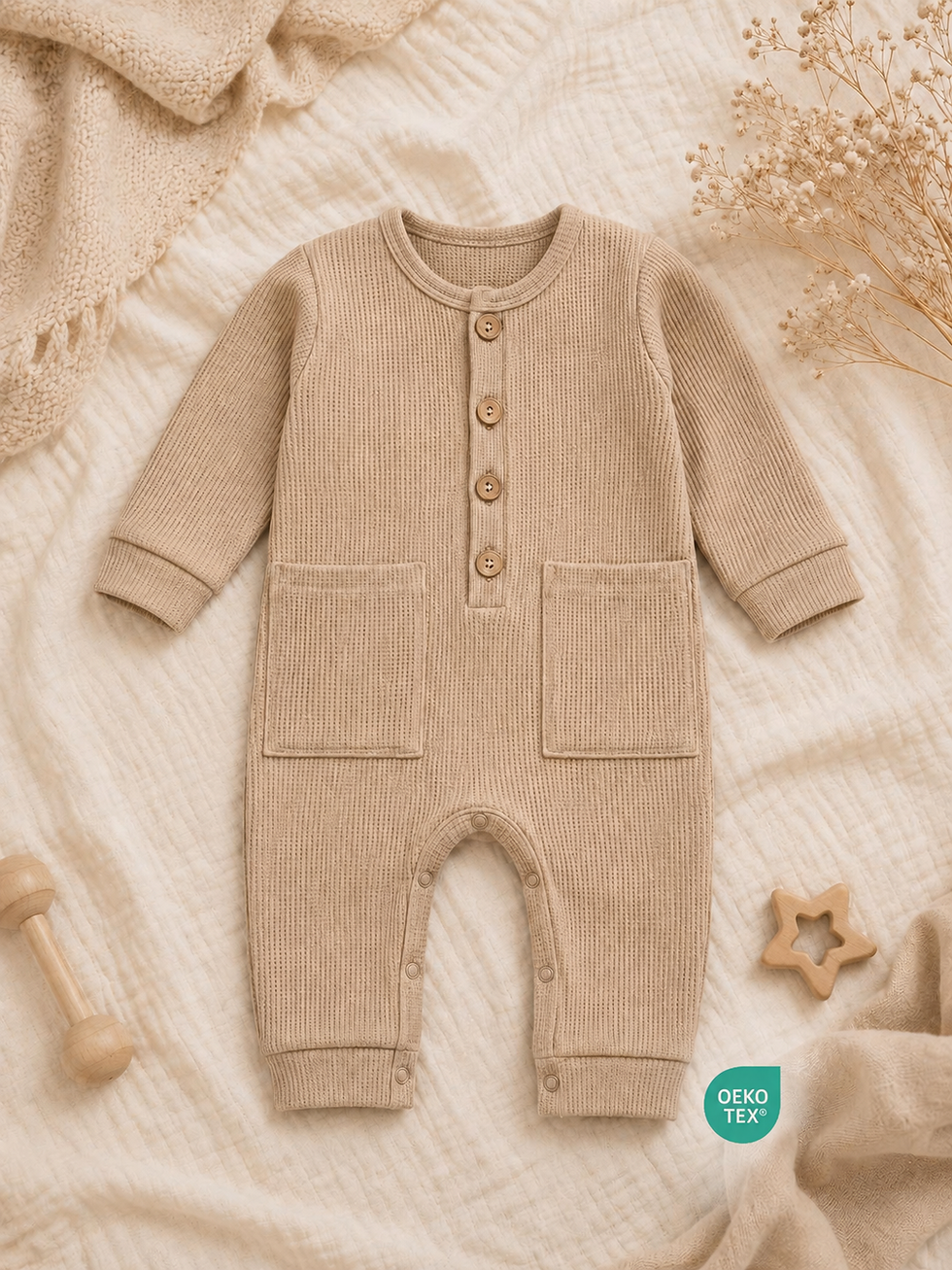 Beigefarbener nugli Baby-Jumpsuit aus Rippstoff mit Holzknöpfen und zwei Taschen, Vorderseite