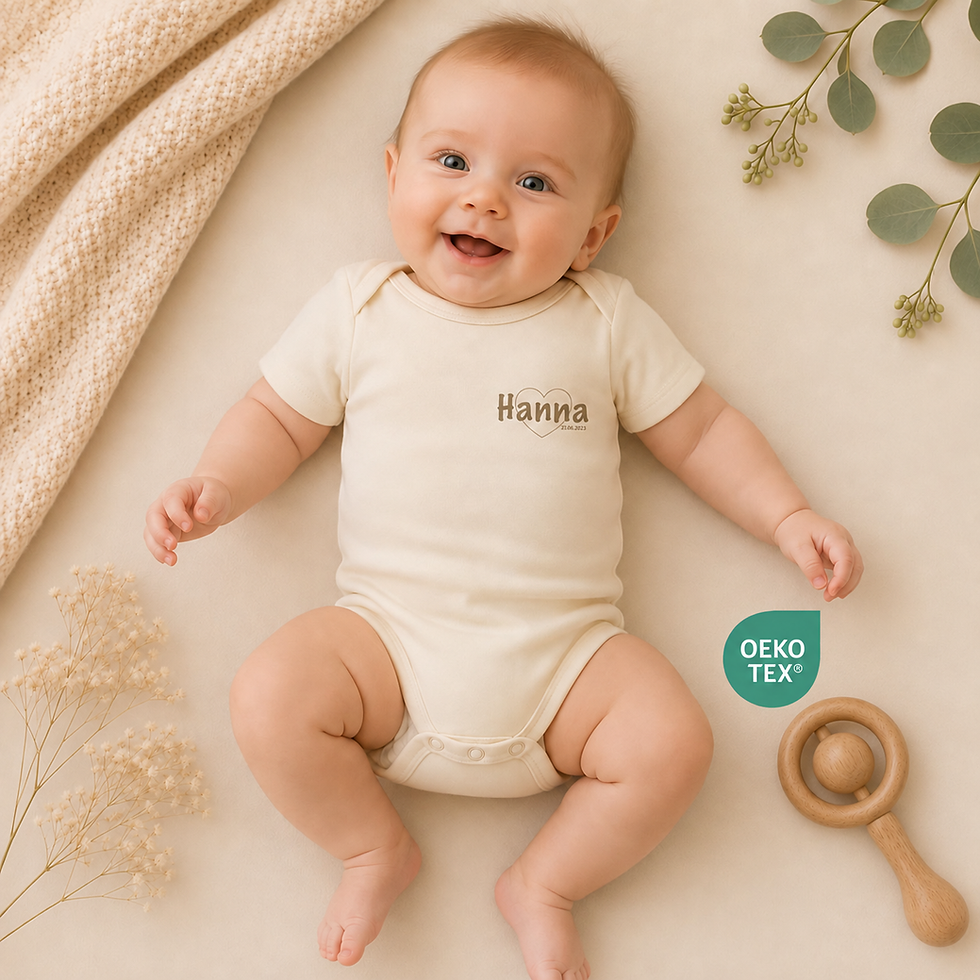 Personalisierter Baby Body mit Namen in Creme getragen von einem Baby