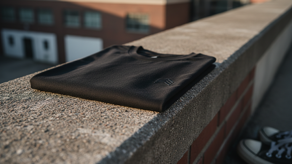 Close-up view of a folded minimalist T-Shirt with subtle branding