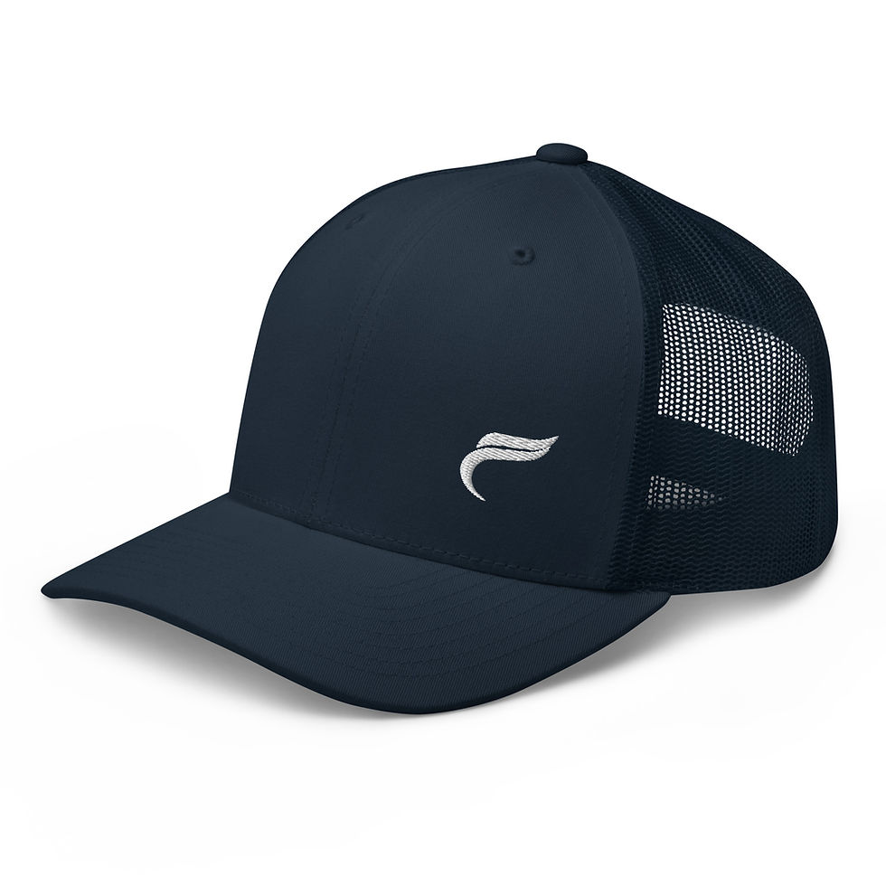 Miniaturbild: Dunkelblaue Trucker-Cap mit weißem Logo-Stick vorne.