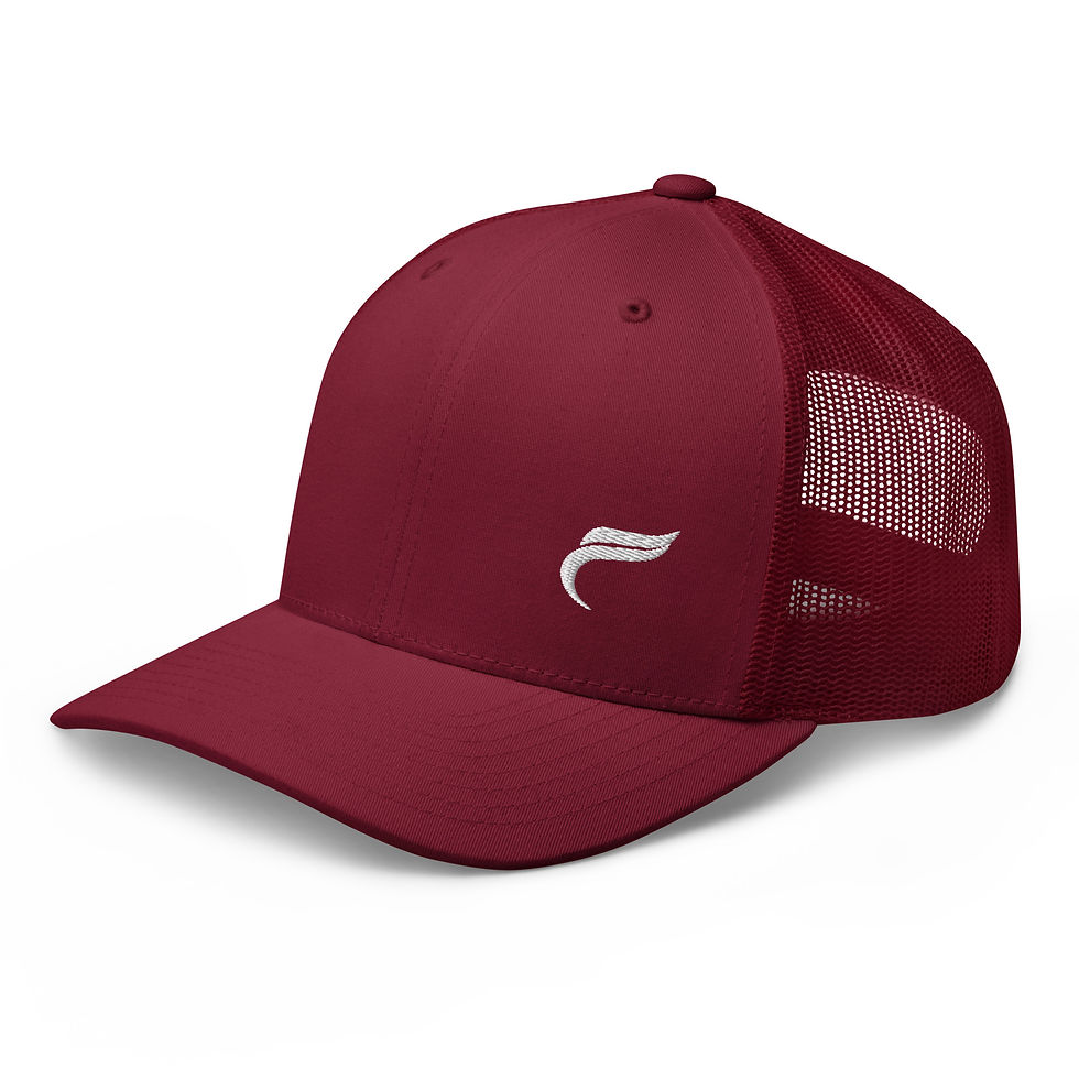 Miniaturbild: Dunkelrote Trucker-Kappe mit weißem Logo-Stick.