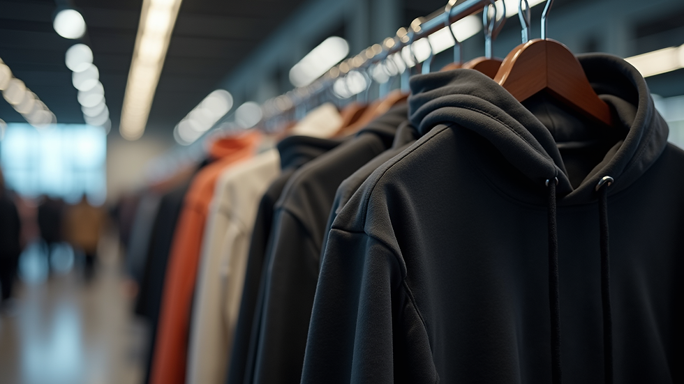Eye-level view of a modern streetwear hoodie hanging on a rack