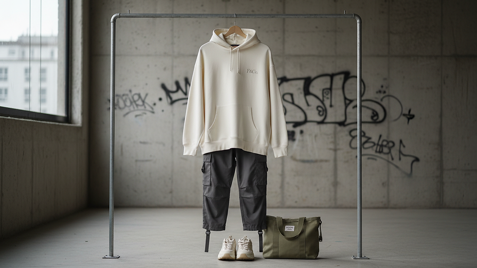 Eye-level view of a minimalist urban streetwear outfit on a hanger