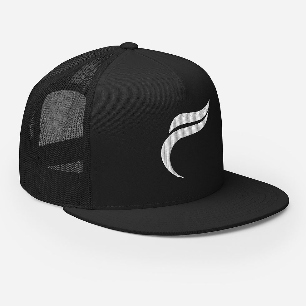 Miniaturbild: Schwarze Trucker-Kappe mit weißem Logo auf der Vorderseite.