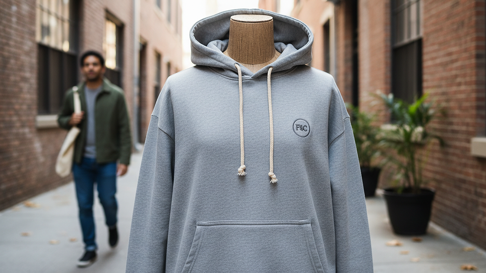 Close-up of a sustainable hoodie with minimalist design on a mannequin