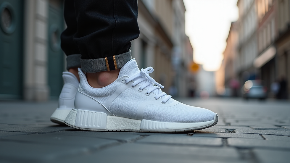 Close-up view of a sneaker with urban street background