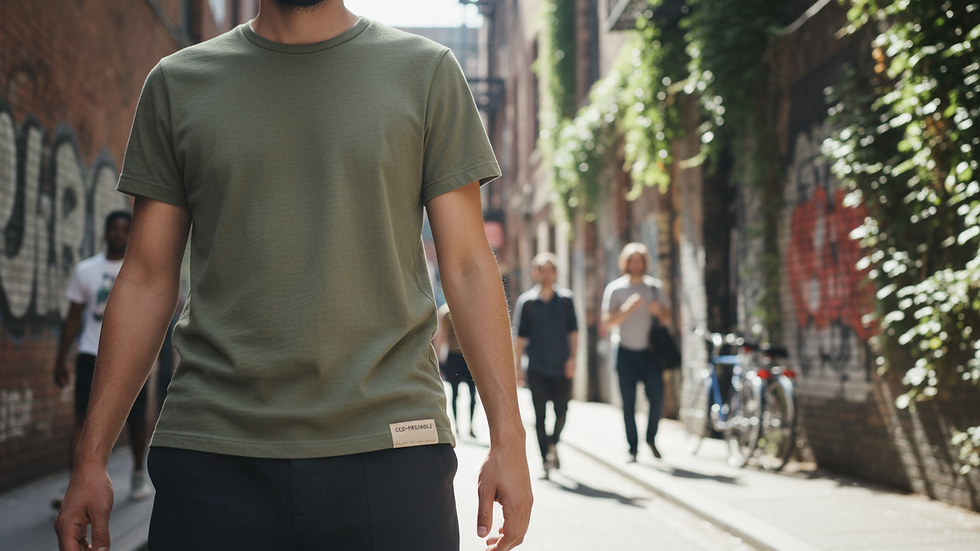 Close-up view of a sustainable T-Shirt with eco-friendly label