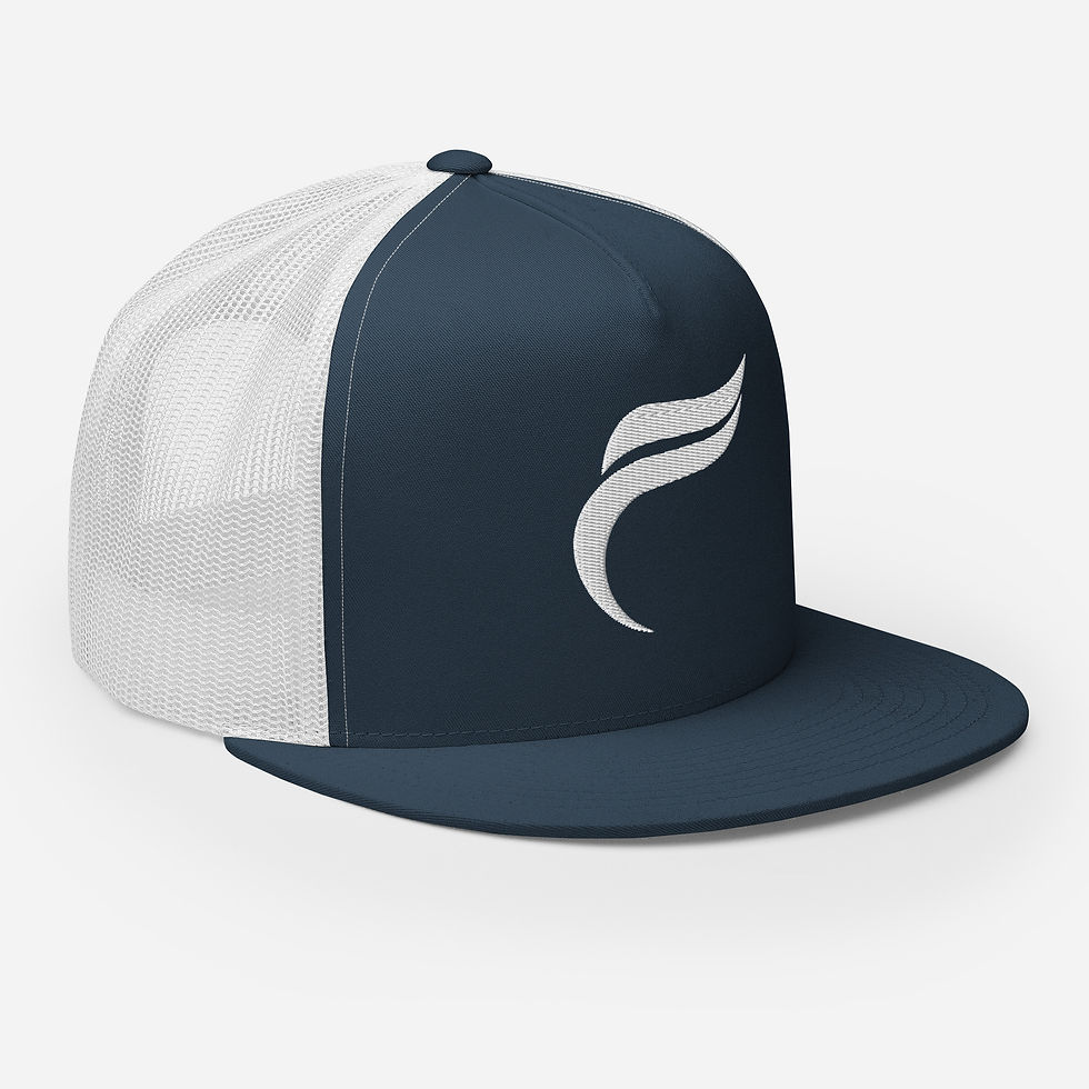 Miniaturbild: Dunkelblaue Trucker-Cap mit weißem Logo und Netzrückseite