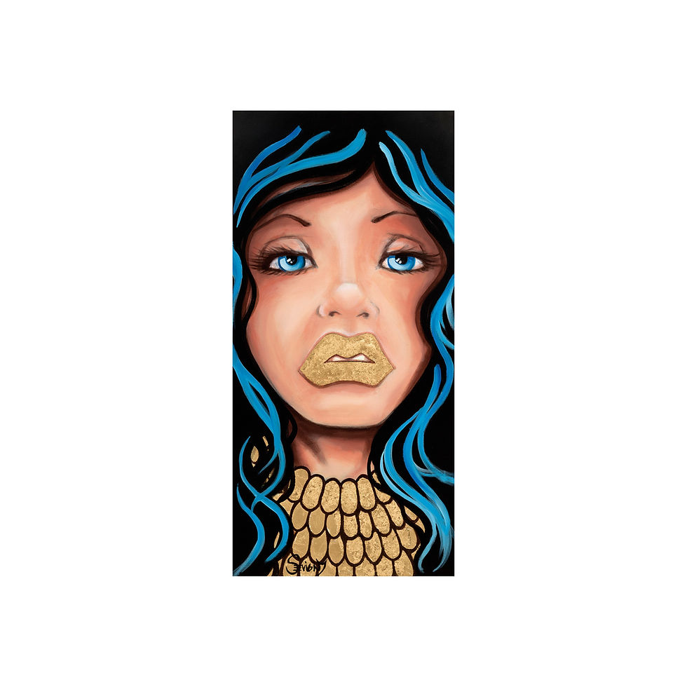 Thumbnail: Canvas of a Woman with Blue Hair and Golden Lips by Éric Sevigny.