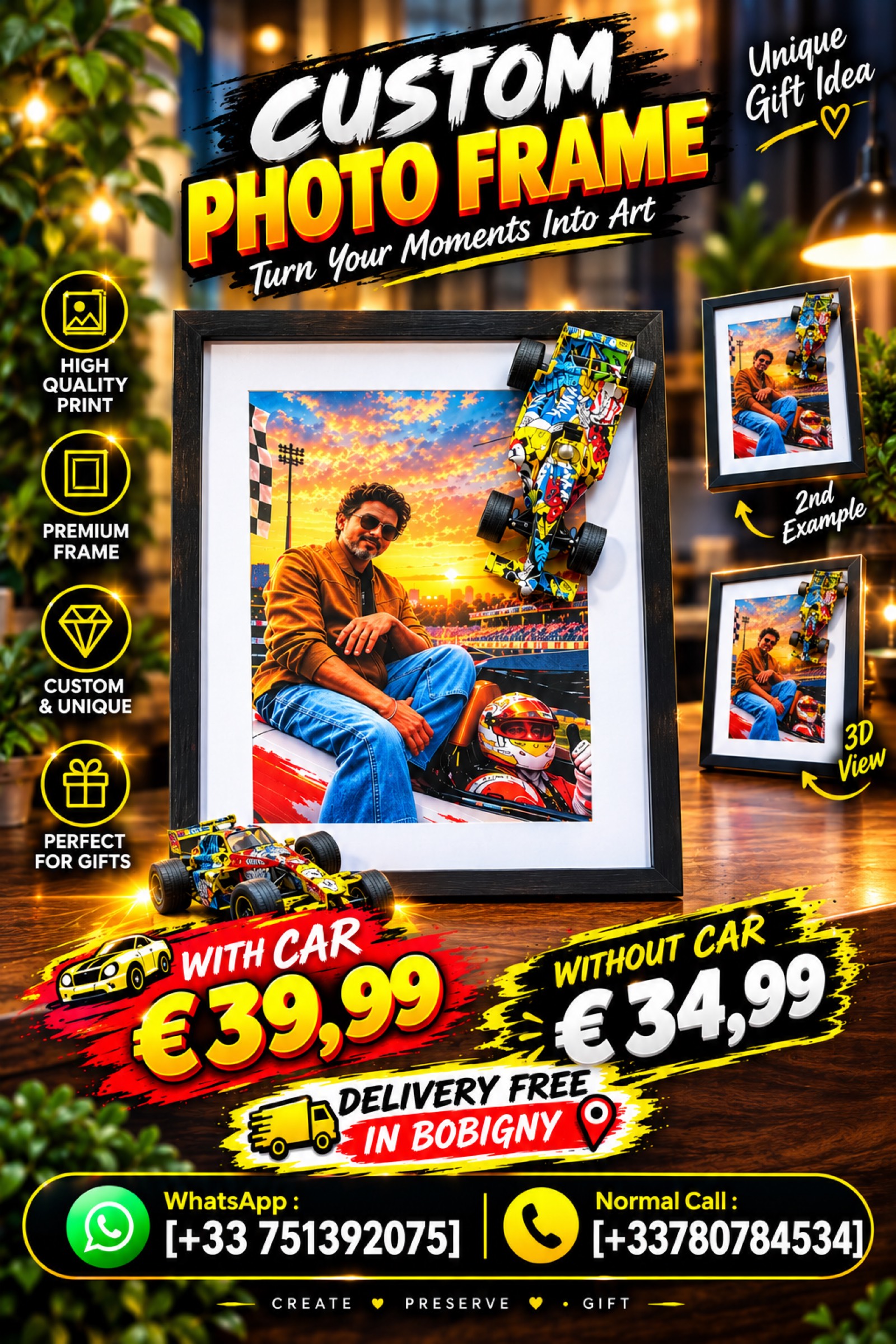 Cadre photo personnalisé 3D avec voiture de course