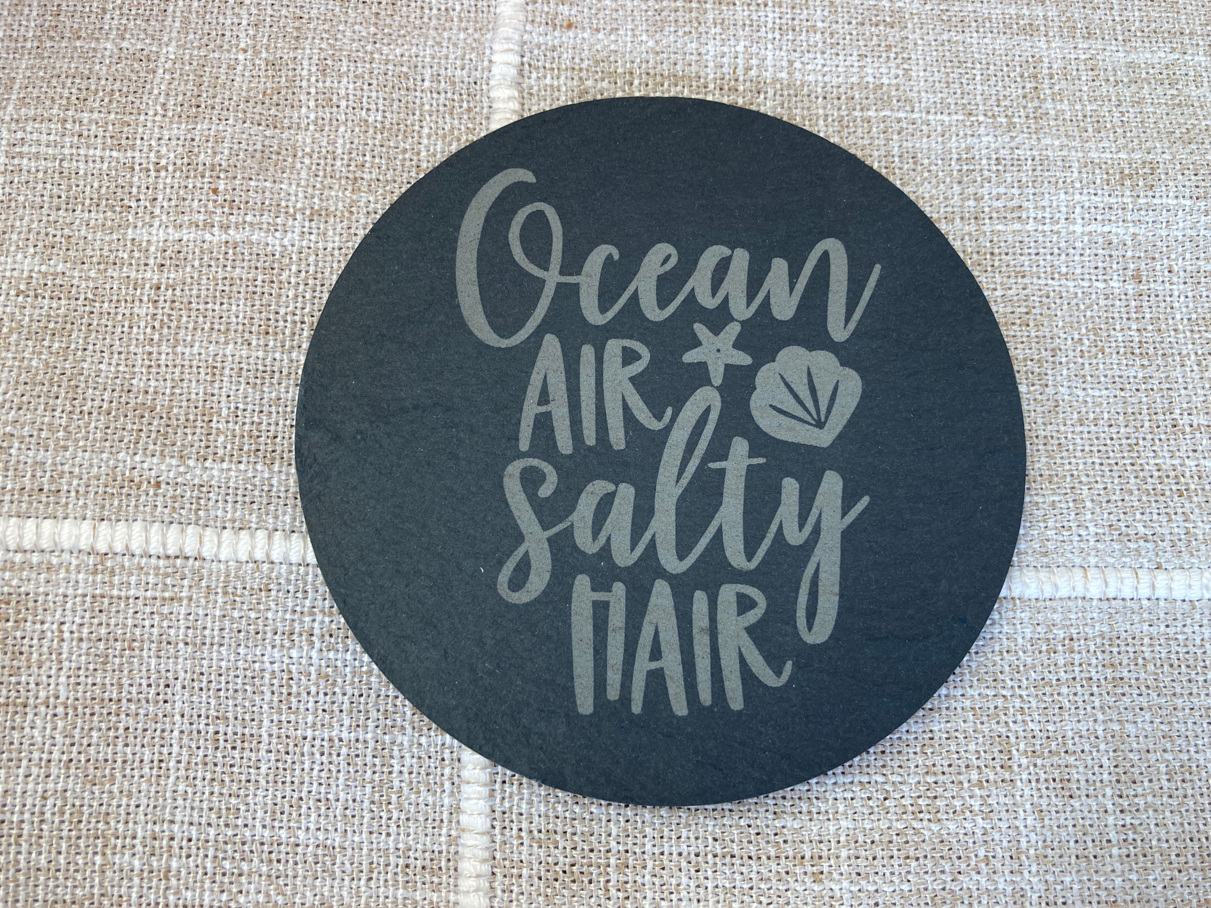 'Ocean air salty hair' - Engraved Round Slate Coaster