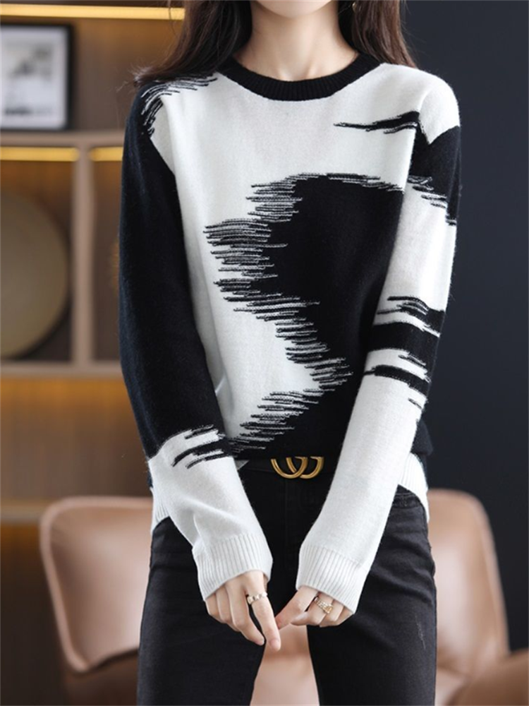 Thumbnail: Round Neck Sweater for Women Color Blocked Pullover Tops Loose Long Sleeved Knit