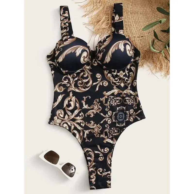 Thumbnail: Printed Backless High Neck One-Piece Swimsuit – S–XXL Swim Bodysuit