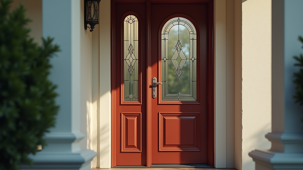 Eye-level view of a beautifully installed front door with decorative glass panels