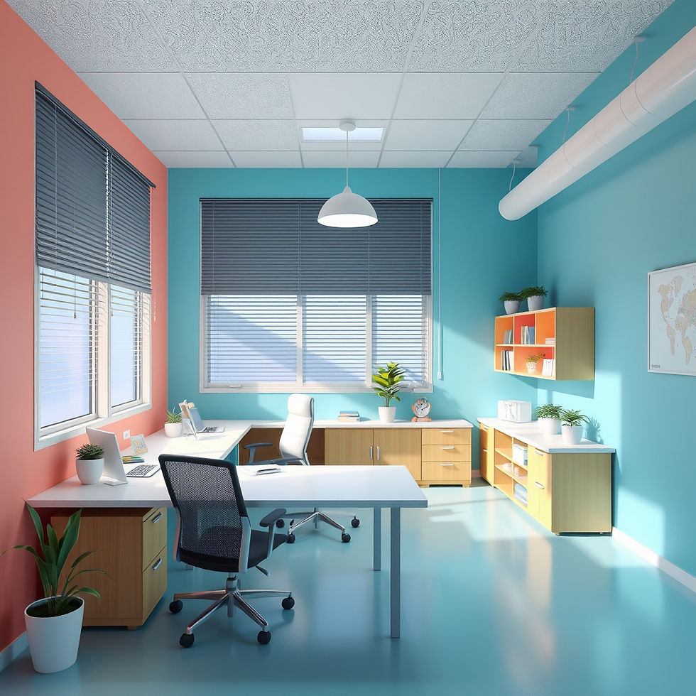Modern office interior with desks, chairs, and colorful walls, Cleaning Service.