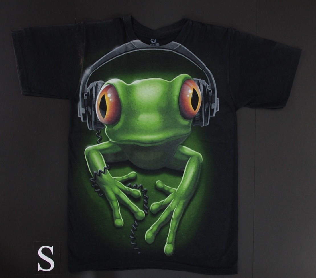 DJ Frog T-Shirt Größe S – Schwarzes Frosch Kopfhörer Motiv