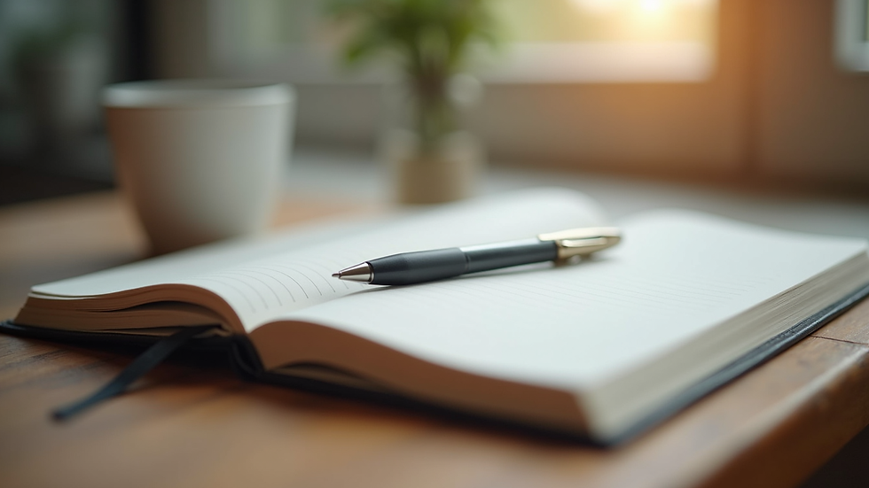 Close-up view of a notebook and pen on a wooden table, ready for journaling