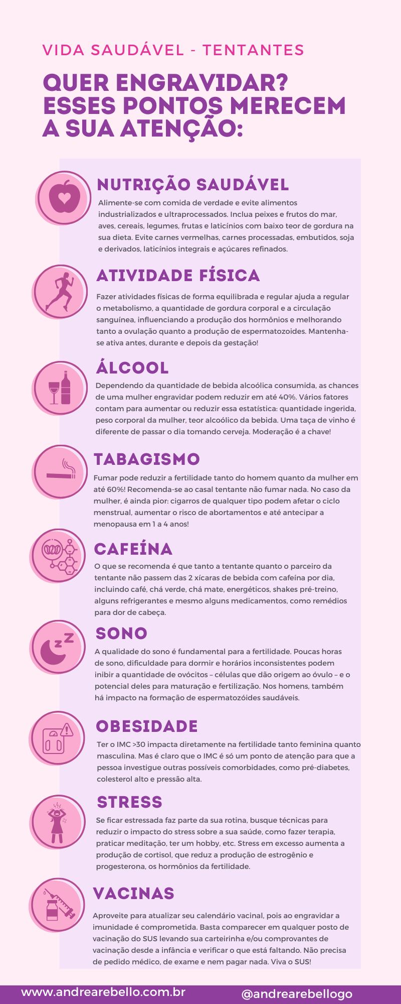 infográfico com pontos de atenção para ser mais saudável e aumentar as chances de engravidar