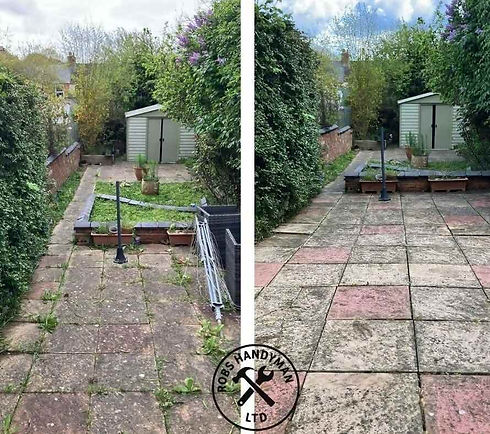 before and after image showing waste removal from the garden, patio cleaning, weeding and junk removal