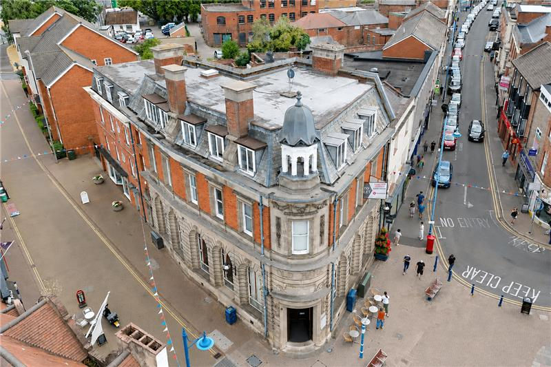 Aerial view of Stourbridge high street showing commercial buildings and street traffic