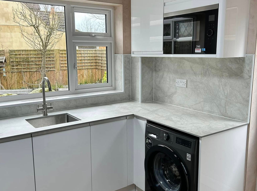Modern kitchen corner featuring a stainless steel sink, a washer, microwave.
