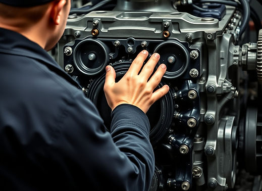 create an image from an engineer in a black engineer uniform who is fixing a marine engine