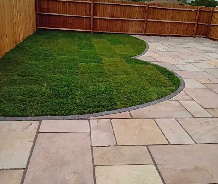 patio view from newly built paving with Indian sandstone