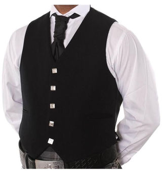 Close-up of a traditional black waistcoat with silver square buttons, worn over a white dress shirt with a black cravat tie