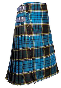 Pleated Scottish kilt showcasing a vibrant blue and black tartan pattern with side leather straps