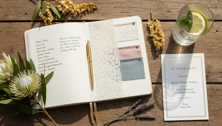 Overhead view of a wedding planning notebook with fabric samples, flowers, and a summer menu card.