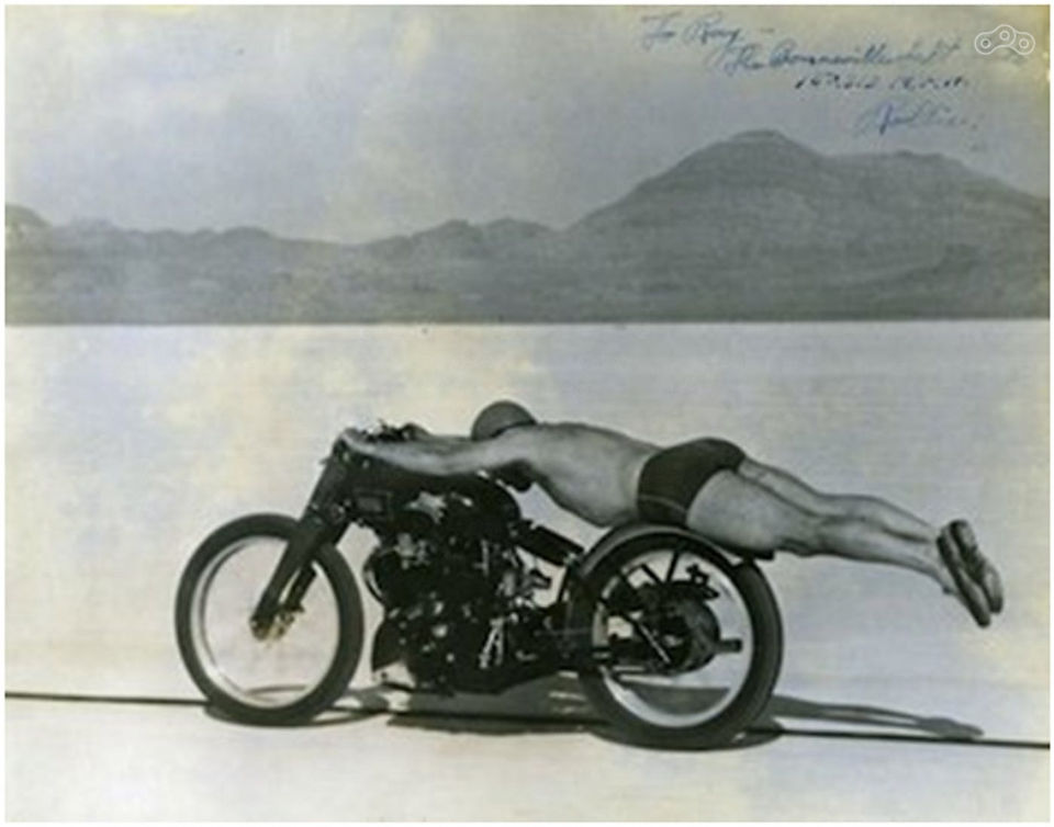 Rollie Free breaking the land speed record in 1948 on his Vincent Black Lightning at the Bonneville Salt Flats