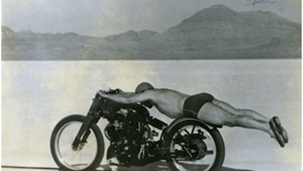 Rollie Free breaking the land speed record in 1948 on his Vincent Black Lightning at the Bonneville Salt Flats