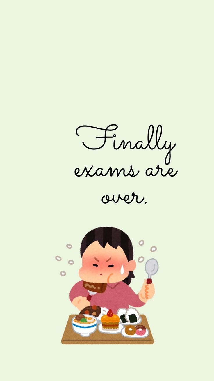 Person enjoying a feast with sweets and rice, looking relieved. Text says "Finally exams are over." Minimal green background.