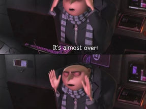 Animated character in a dark room looks stressed at a computer, hands on head. Text below reads "It's almost over!" and "It's almost over...".