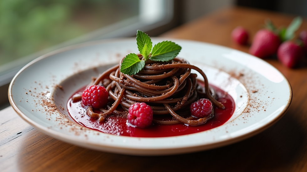 Eye-level view of a plate of chocolate pasta with red fruit coulis