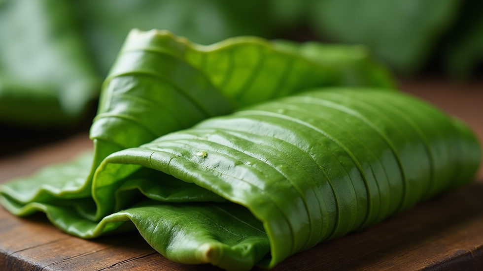 Close-up view of banana leaves used for wrapping Mahi Mahi