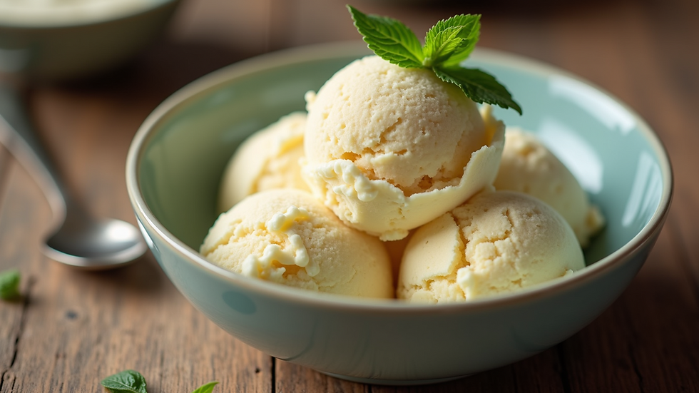 High angle view of a bowl of vanilla estragon ice cream