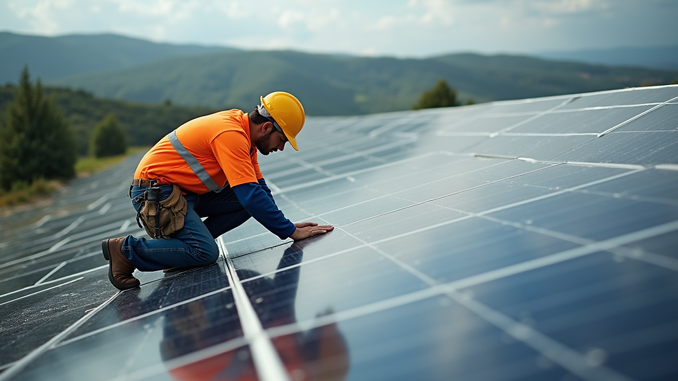 High angle view de técnicos instalando painel solar em empresa comercial