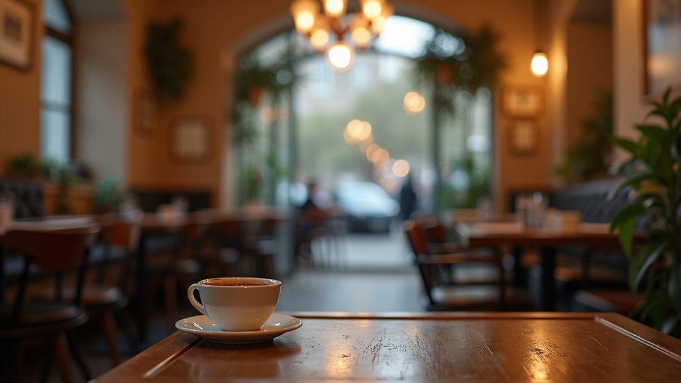 Eye-level view of a cozy café setting with a single table for two