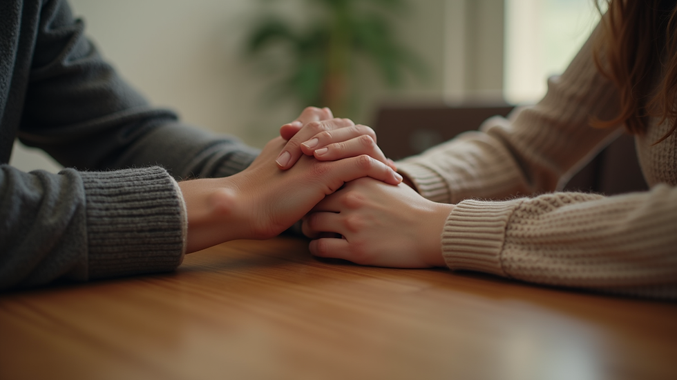 Close-up view of a couple's hands intertwined on a wooden table