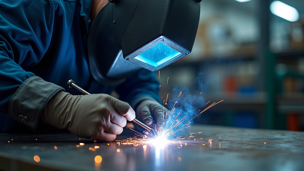 Blickwinkel eines Schweißtechnikers auf Augenhöhe bei der Inspektion eines präzisionsgeschweißten Metallteils